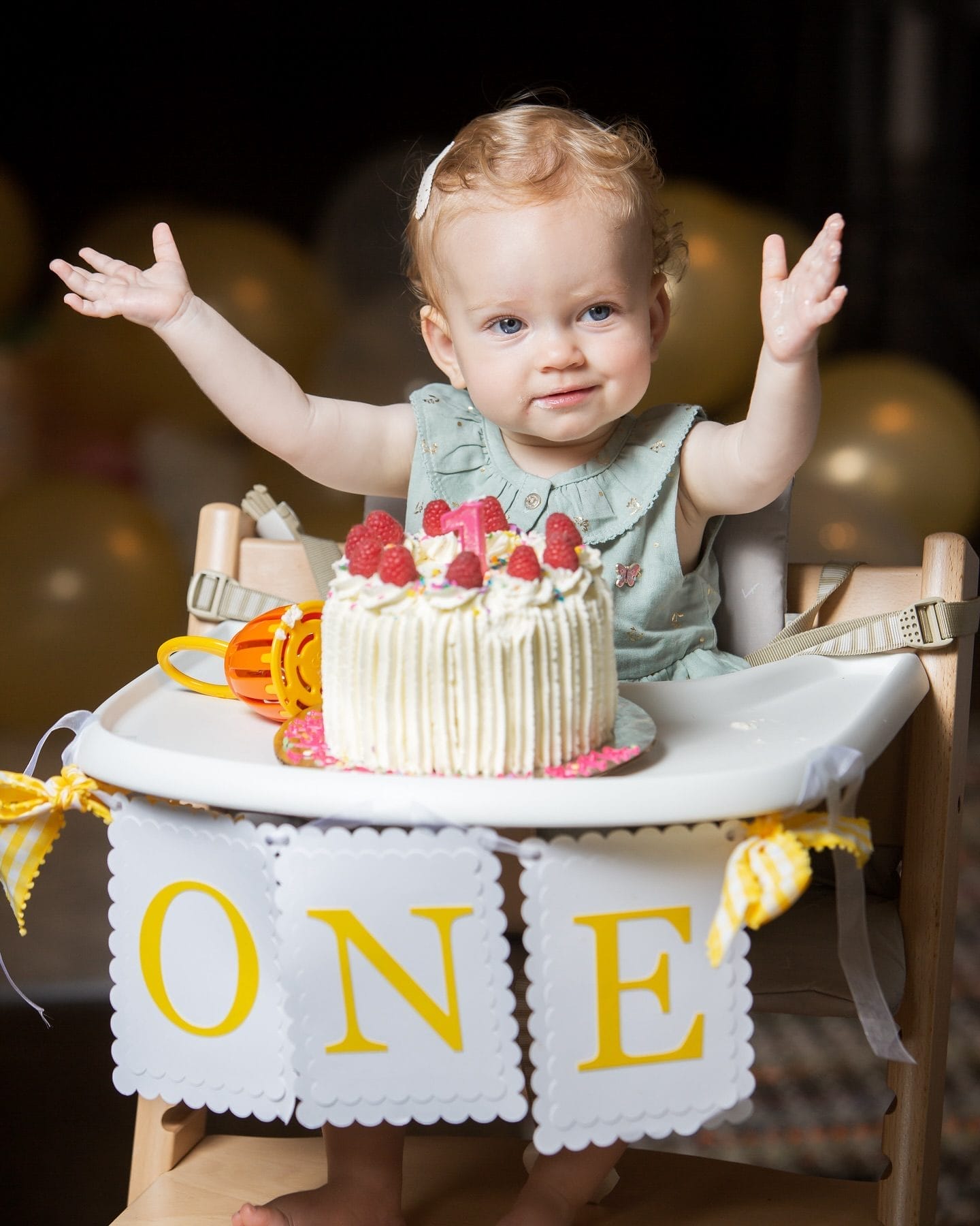 A baby celebrating their first birthday sits in a high chair decorated with a "ONE" banner, joyfully raising their hands while enjoying a small cake topped with raspberries and sprinkles, captured by Front Page Photography.